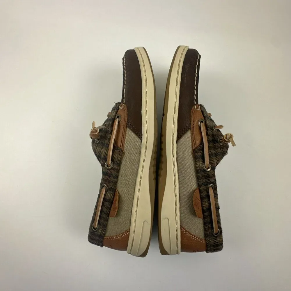 Sperry Boat Shoe Flat‎ Loafer Brown Pebbled Leather Plaid Memory Foam Womens 8.5